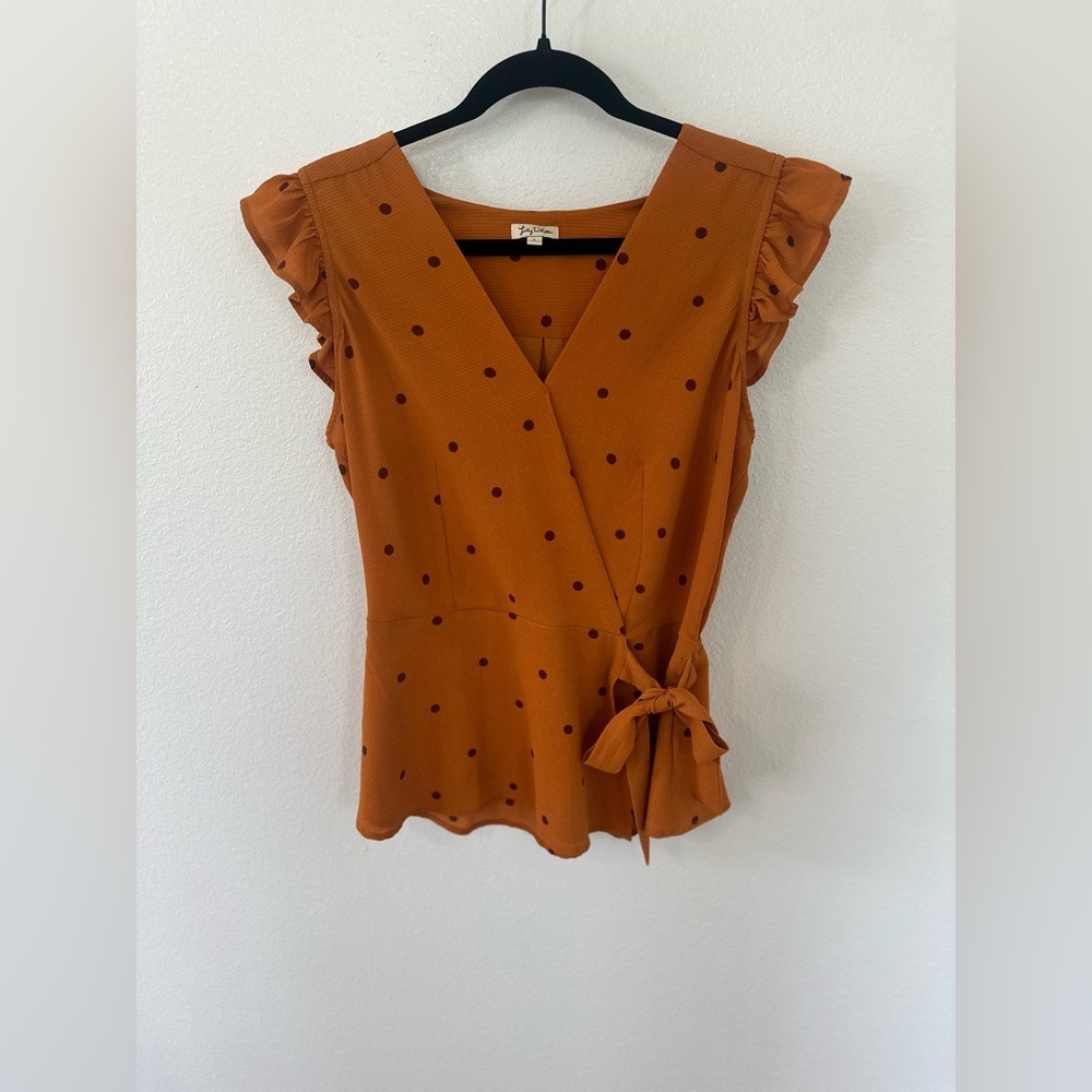 Lily White Polka Dot Wrap V-Neck Ruffle Sleeve Blouse Mustard L